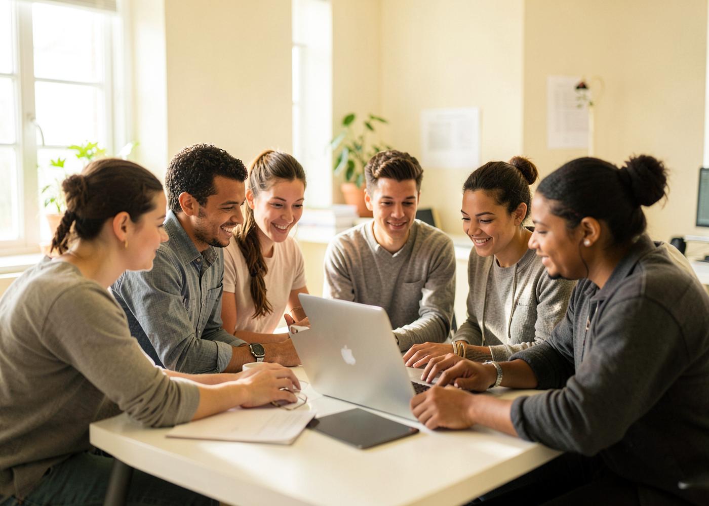 A group of young professionals collaborating around a laptop